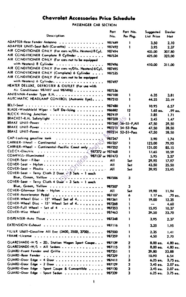 1956 Chevrolet Accessories Price List Page 1